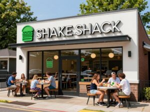 Exterior view of a Shake Shack restaurant with families dining outside