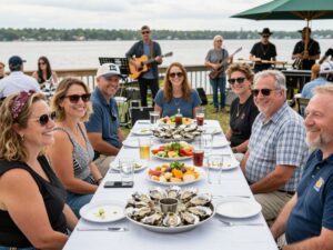 People enjoying the 17th Annual Shuckin' on the Strand Oyster Roast