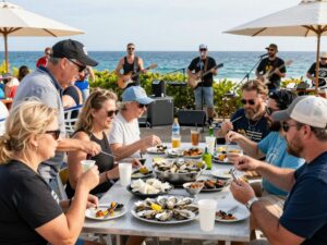 A lively crowd enjoying an oyster roast at Myrtle Beach.