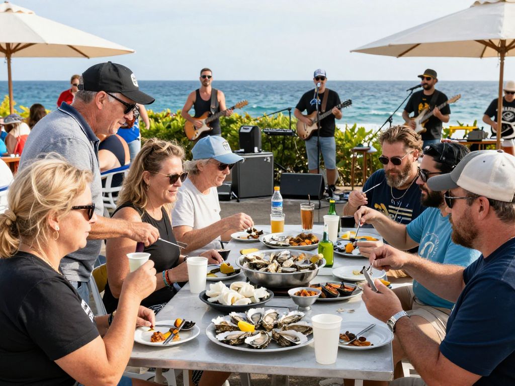 A lively crowd enjoying an oyster roast at Myrtle Beach.