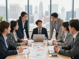 Business professionals discussing strategy in a modern office setting