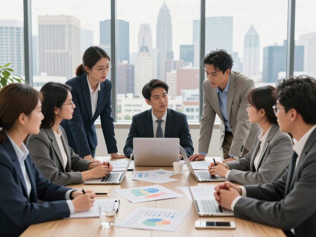 Business professionals discussing strategy in a modern office setting