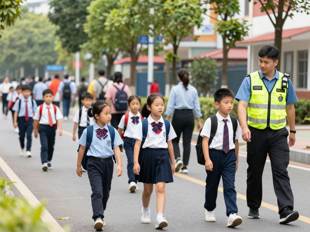 Children walking to school with safety measures in place