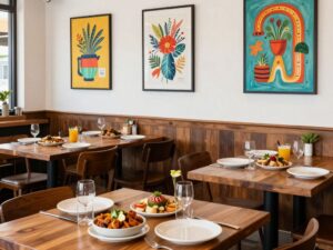 Dining area of Sun City Cafe with colorful decor and Myrtle-Mex dishes