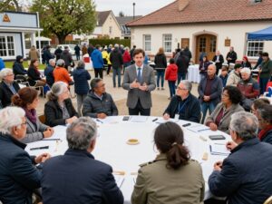 Residents engaging in a town hall meeting in Surfside Beach.