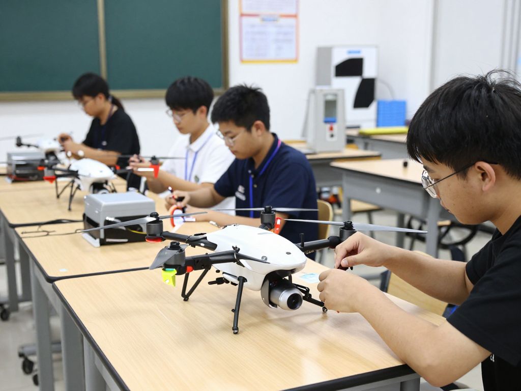 Students learning about unmanned aircraft systems in a classroom environment.