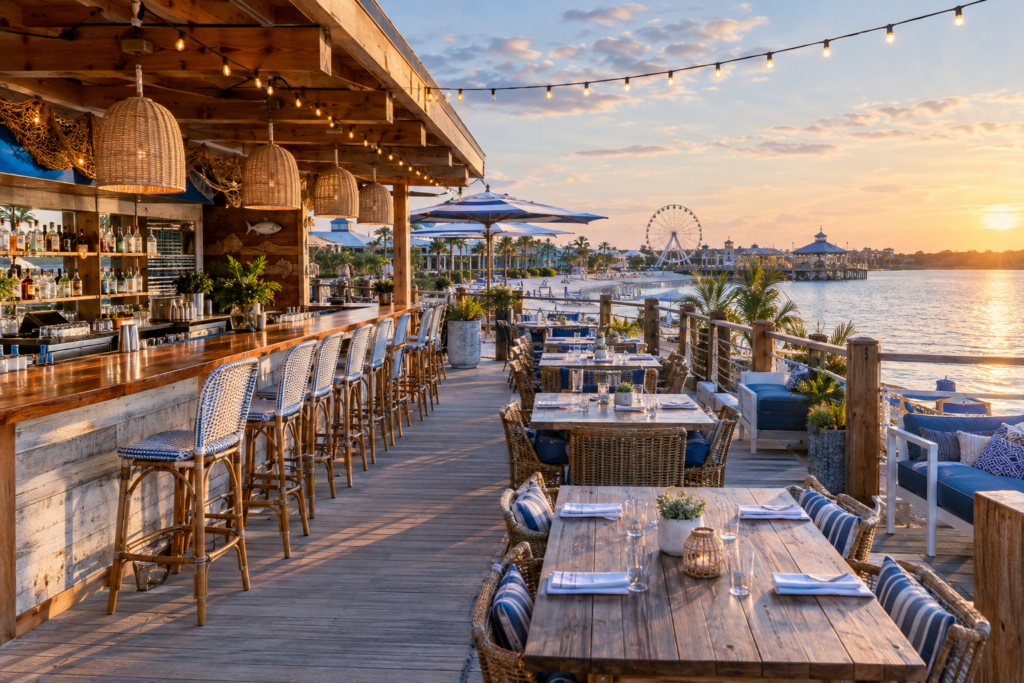 Outdoor restaurant deck overlooking the water at a beach entertainment complex