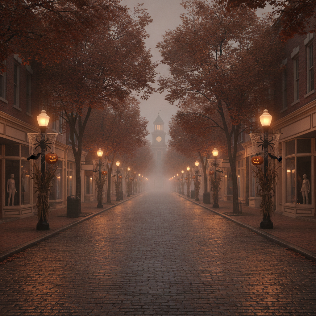 Empty downtown street with Halloween decorations
