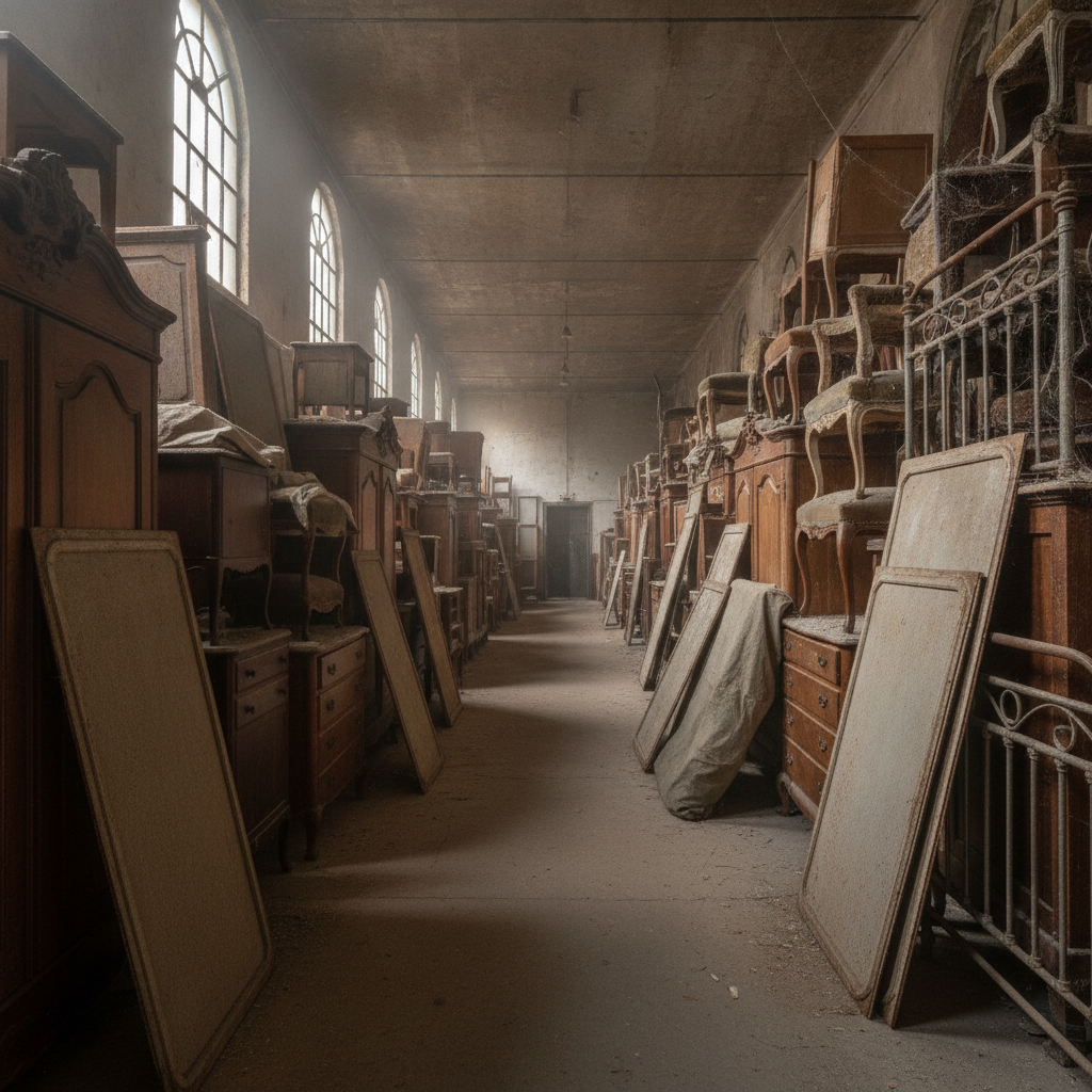 Empty antique warehouse aisle