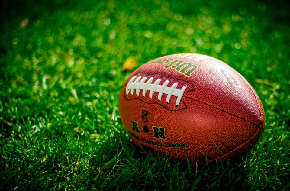 Football resting on a grass field